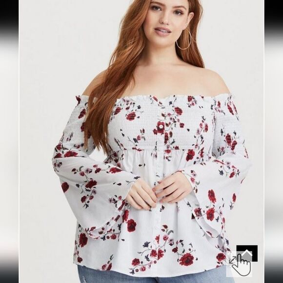 Torrid Summer Statement Sleeve Blue & White Striped Floral Off Shoulder Top Sz 1 - Picture 1 of 12